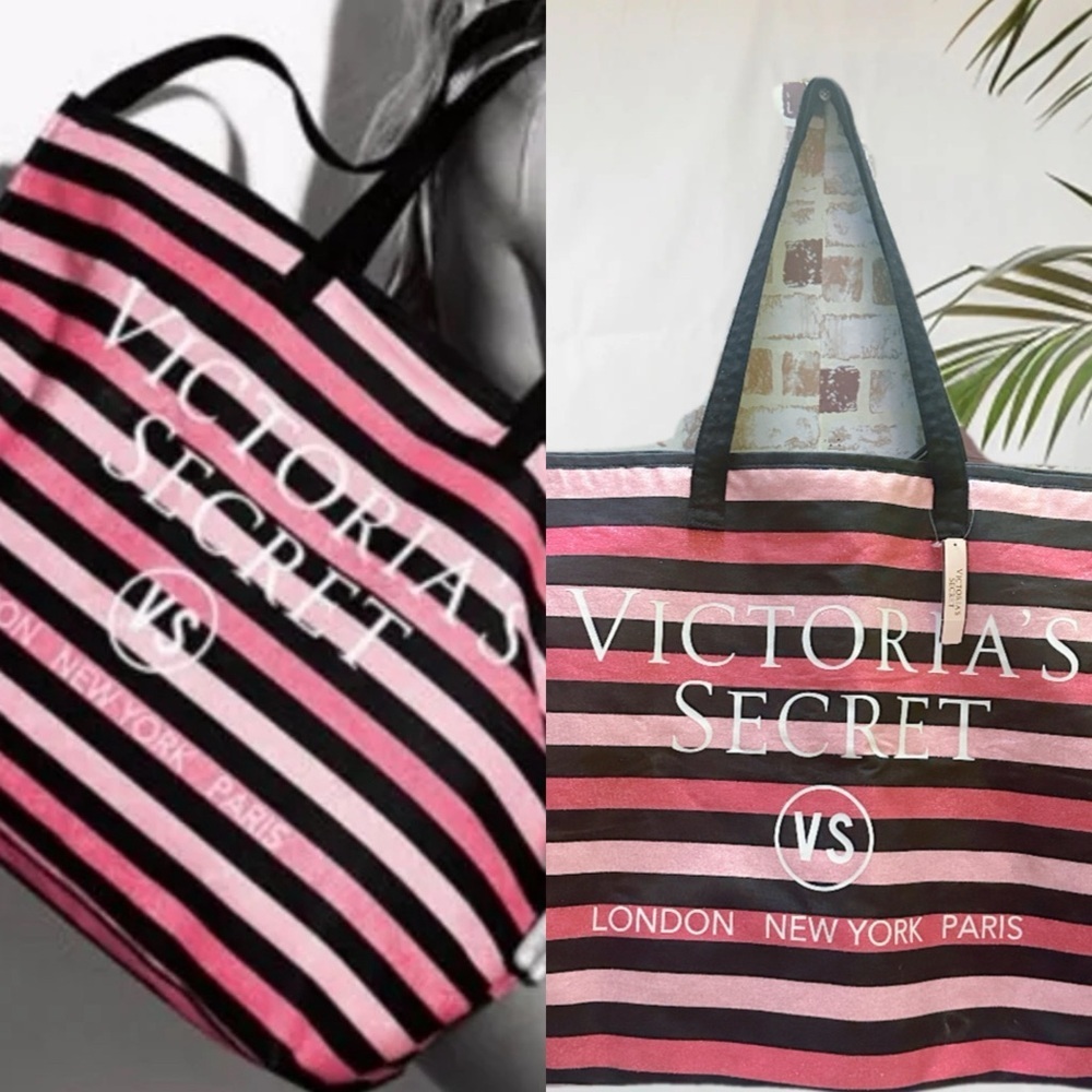Victoria's Secret Black and Pink Striped Tote Bag